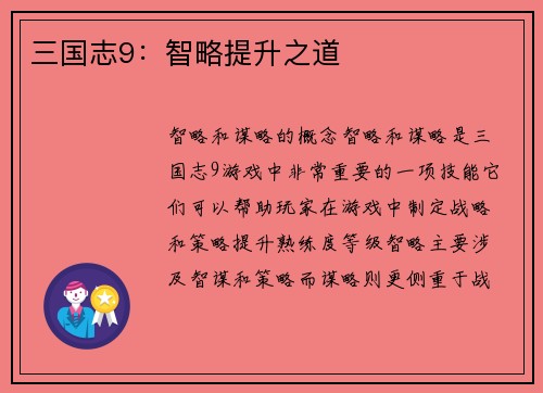 三国志9：智略提升之道